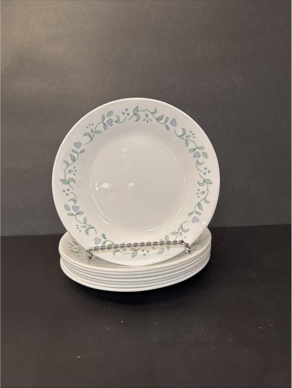 Set Of 8 Corelle Country Cottage 6.75" Dessert Bread Plates Blue Hearts MINT